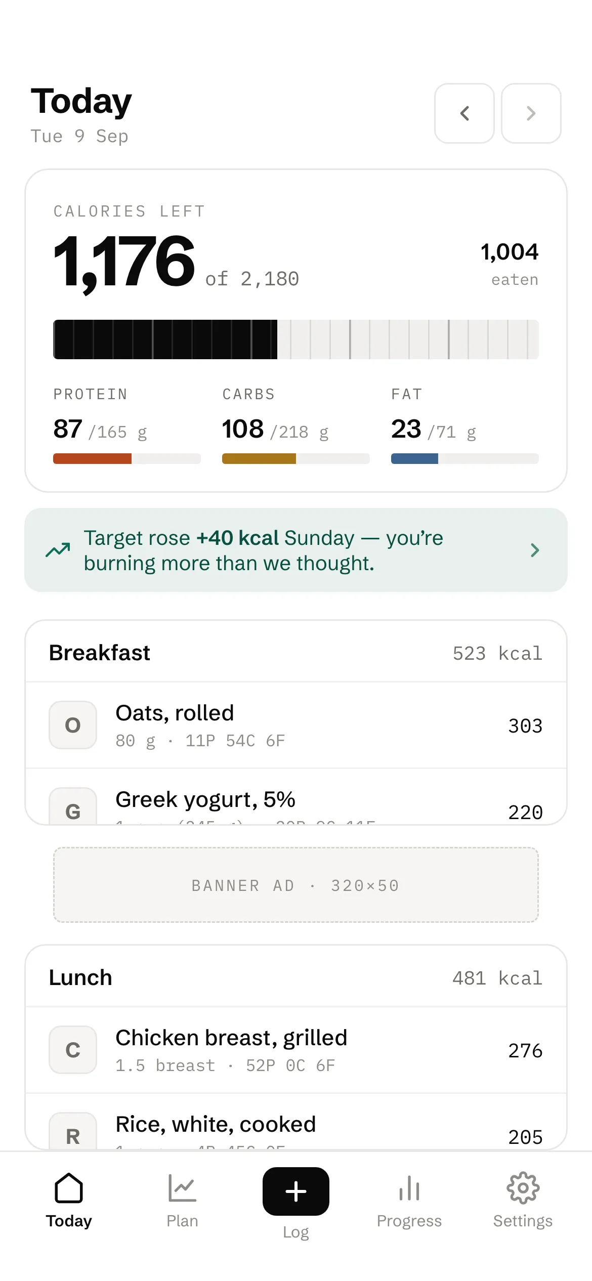 The Today screen: calories left, a ruler showing progress against the target, and protein, carbs and fat below it.